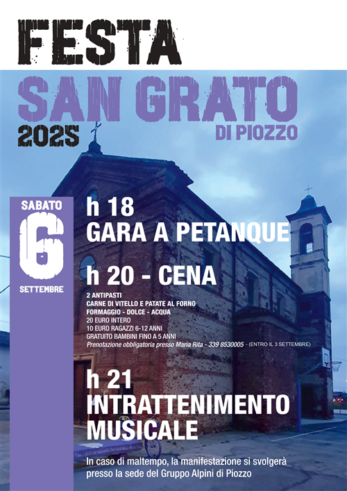 Festa di San Grato 2025: sabato 6 settembre