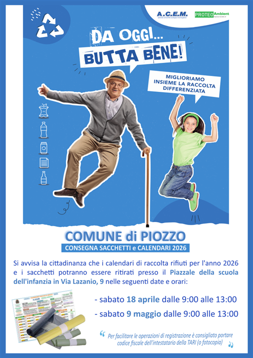 Raccolta differenziata: consegna sacchetti e calendari 2026