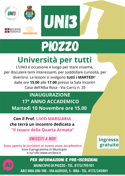 UNI3 Università per tutti: anno accademico 2026/2027